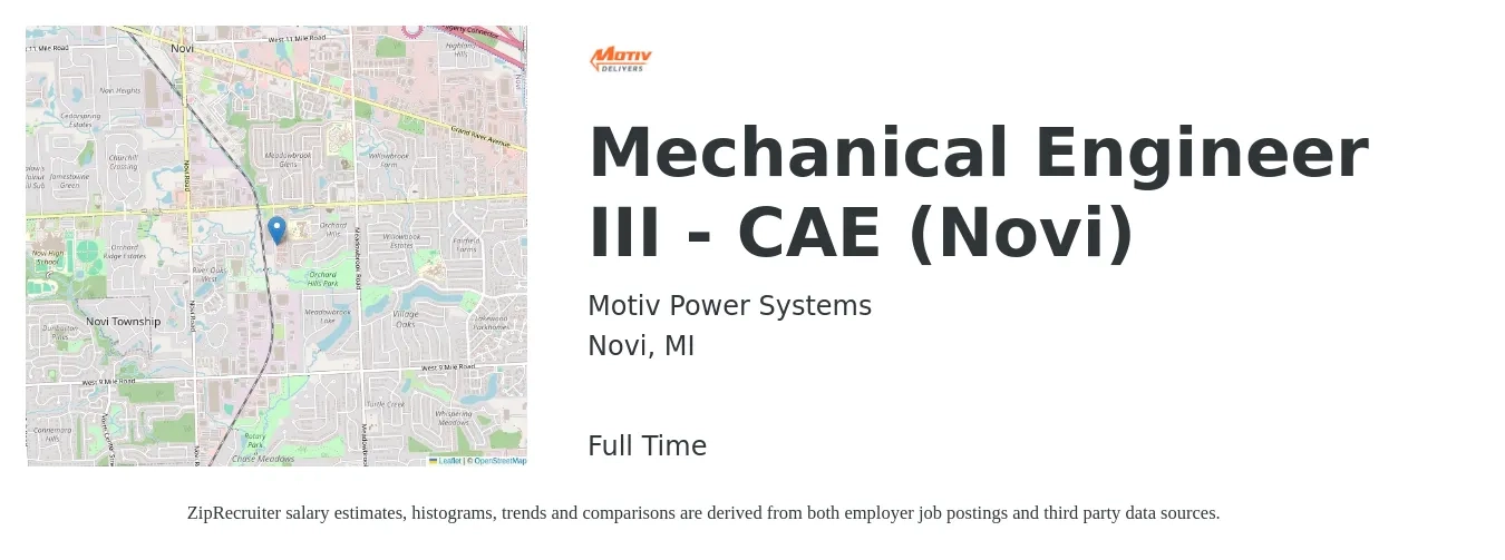 Motiv Power Systems job posting for a Mechanical Engineer III - CAE (Novi) in Novi, MI with a salary of $76,800 to $119,200 Yearly with a map of Novi location.