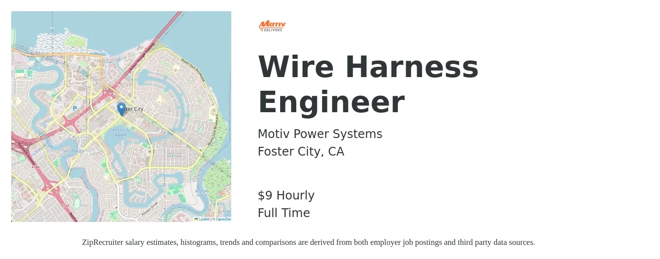 Motiv Power Systems job posting for a Wire Harness Engineer in Foster City, CA with a salary of $10 Hourly with a map of Foster City location.