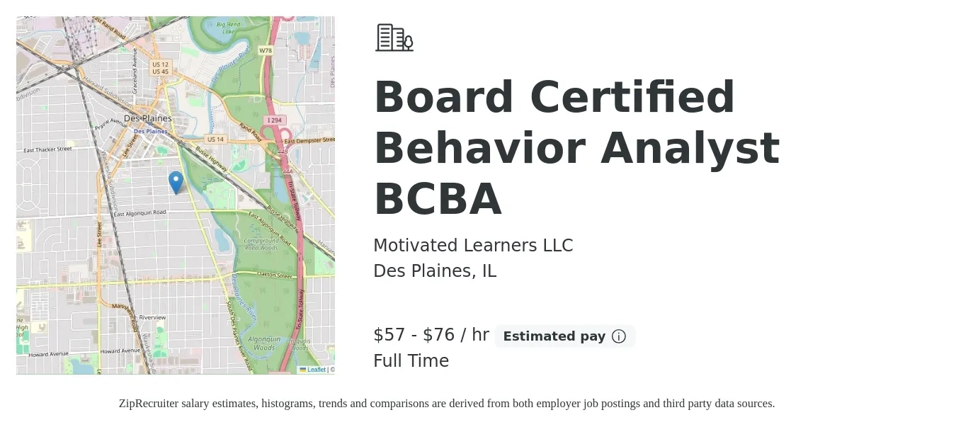 Motivated Learners LLC job posting for a Board Certified Behavior Analyst BCBA in Des Plaines, IL with a salary of $60 to $80 Hourly with a map of Des Plaines location.