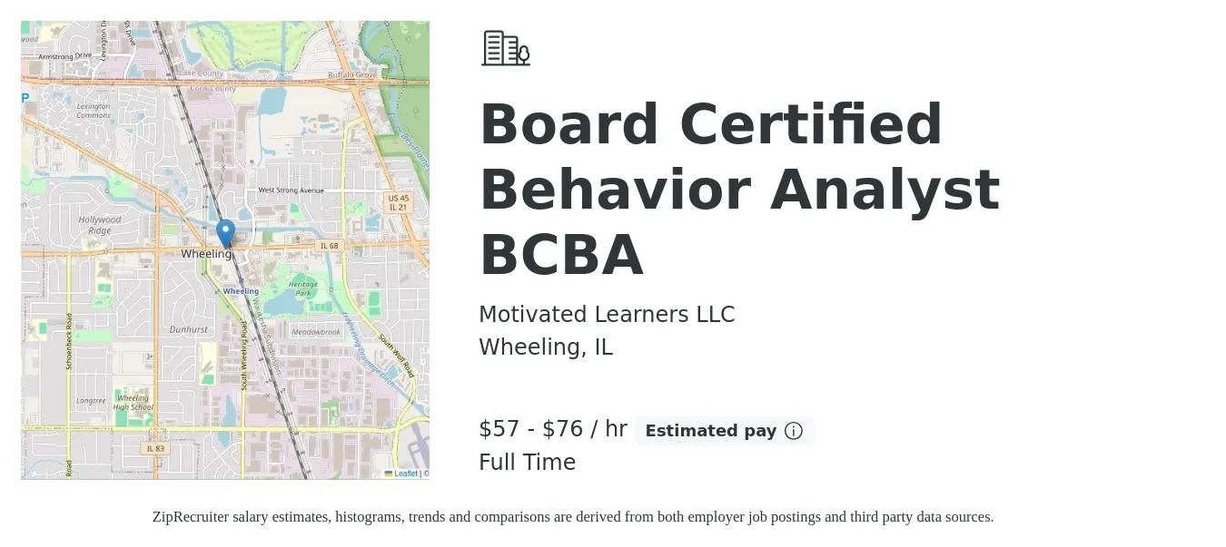 Motivated Learners LLC job posting for a Board Certified Behavior Analyst BCBA in Wheeling, IL with a salary of $60 to $80 Hourly with a map of Wheeling location.