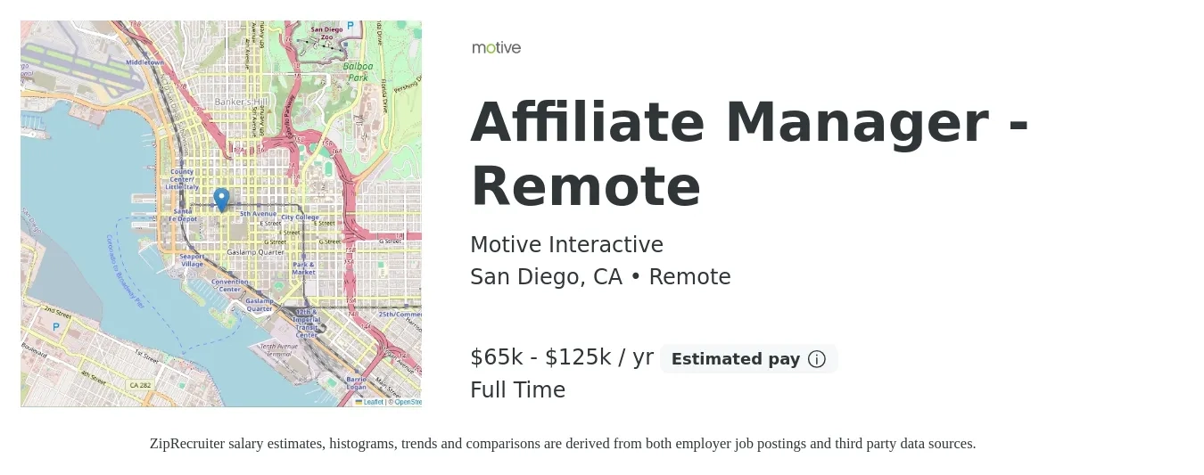Motive Interactive job posting for a Affiliate Manager - Remote in San Diego, CA with a salary of $65,000 to $125,000 Yearly with a map of San Diego location.