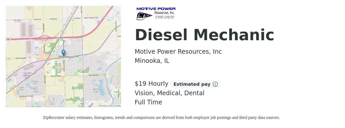 Motive Power Resources, Inc job posting for a Diesel Mechanic in Minooka, IL with a salary of $20 Hourly and benefits including retirement, vision, dental, and medical with a map of Minooka location.