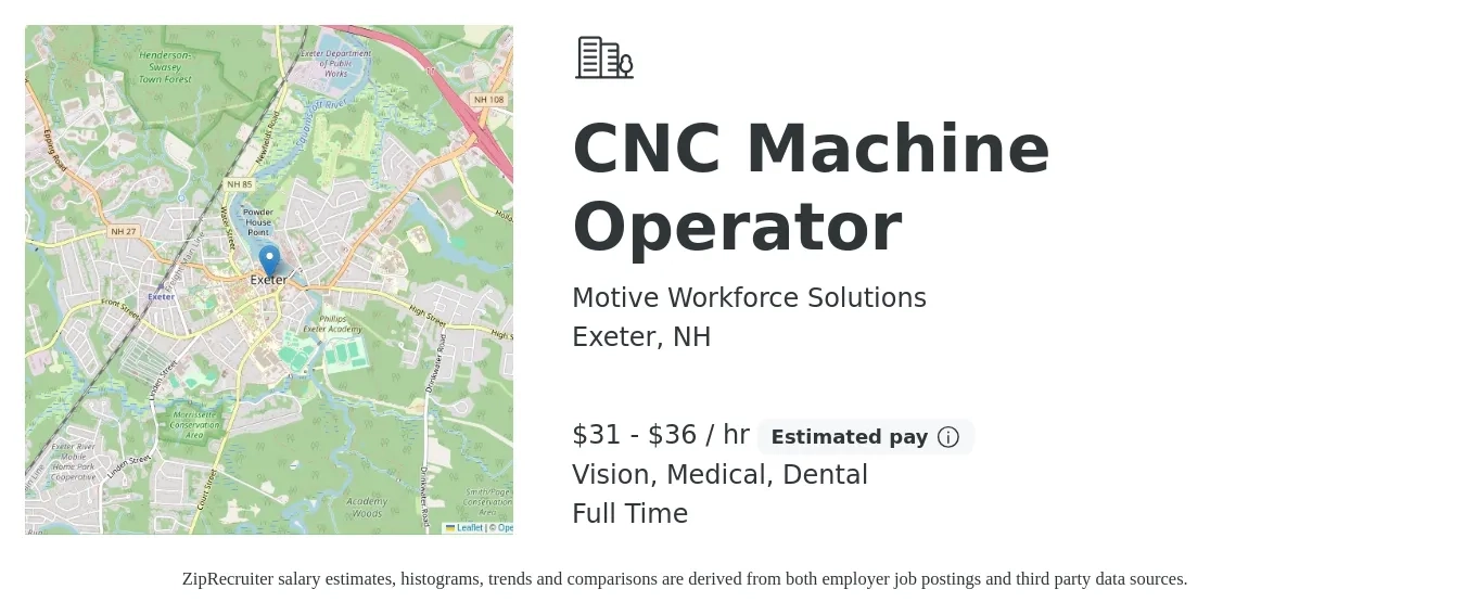 Motive Workforce Solutions job posting for a CNC Machine Operator in Exeter, NH with a salary of $33 to $38 Hourly and benefits including vision, dental, life_insurance, medical, and pto with a map of Exeter location.