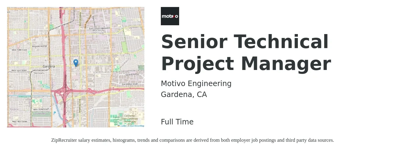 Motivo Engineering job posting for a Senior Technical Project Manager in Gardena, CA with a salary of $115,000 to $130,000 Yearly with a map of Gardena location.