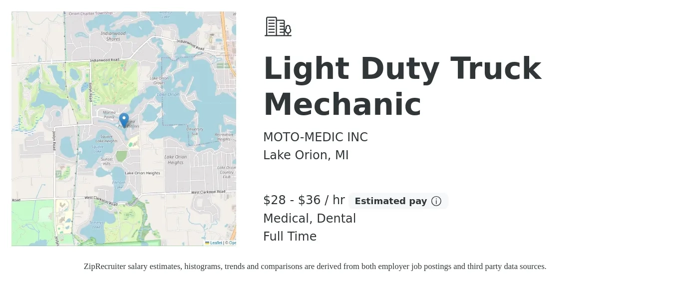 MOTO-MEDIC INC job posting for a Light Duty Truck Mechanic in Lake Orion, MI with a salary of $30 to $38 Hourly and benefits including dental, medical, and pto with a map of Lake Orion location.