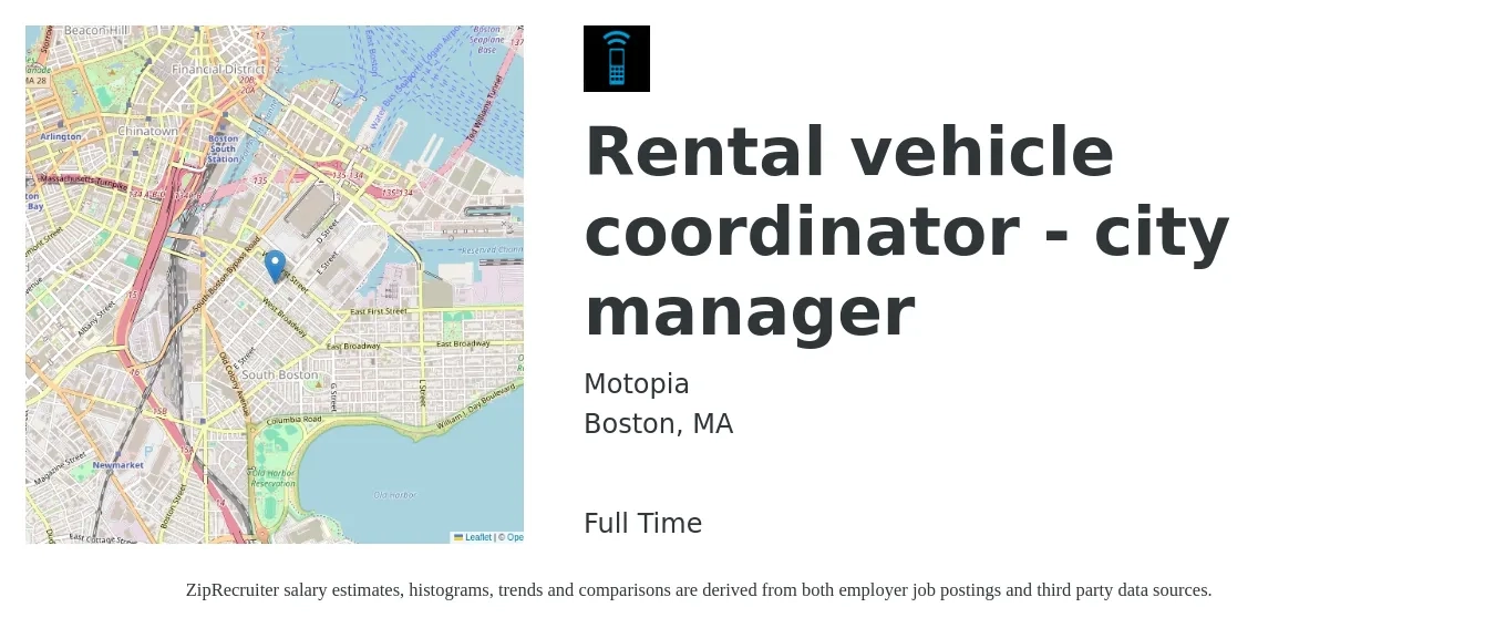 Motopia job posting for a Rental vehicle coordinator - city manager in Boston, MA with a salary of $19 to $25 Hourly with a map of Boston location.