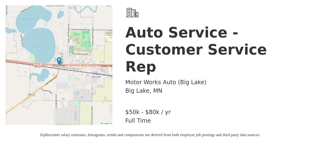 Motor Works Auto (Big Lake) job posting for a Auto Service - Customer Service Rep in Big Lake, MN with a salary of $50,000 to $80,000 Yearly with a map of Big Lake location.