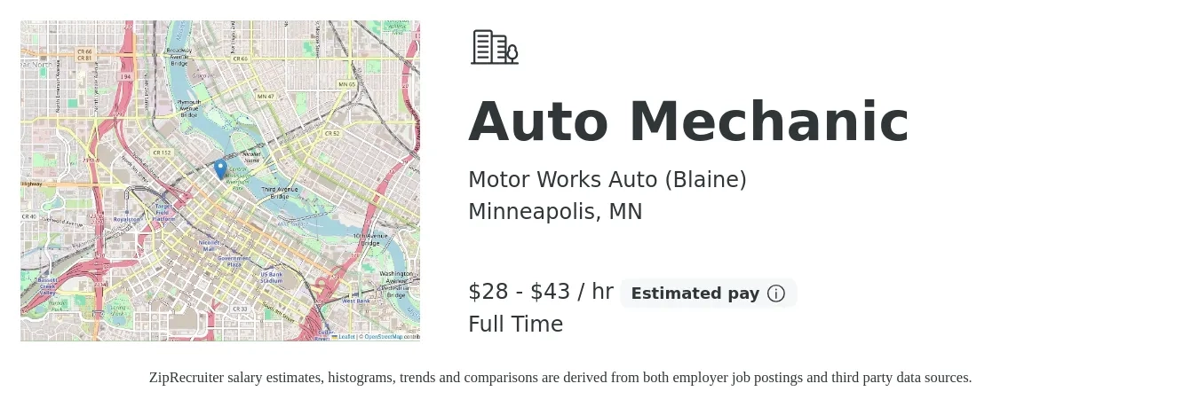 Motor Works Auto (Blaine) job posting for a Auto Mechanic in Minneapolis, MN with a salary of $30 to $45 Hourly with a map of Minneapolis location.