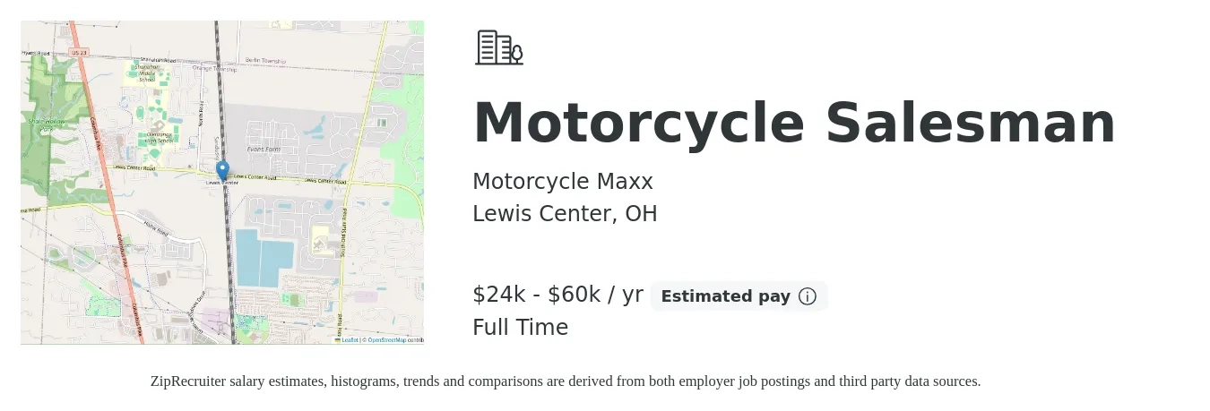 Motorcycle Maxx job posting for a Motorcycle Salesman in Lewis Center, OH with a salary of $24,000 to $60,000 Yearly with a map of Lewis Center location.