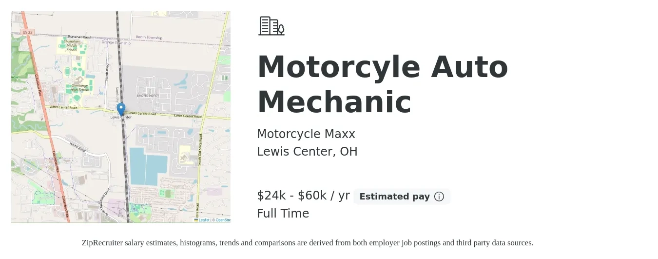 Motorcycle Maxx job posting for a Motorcyle Auto Mechanic in Lewis Center, OH with a salary of $24,000 to $60,000 Yearly with a map of Lewis Center location.