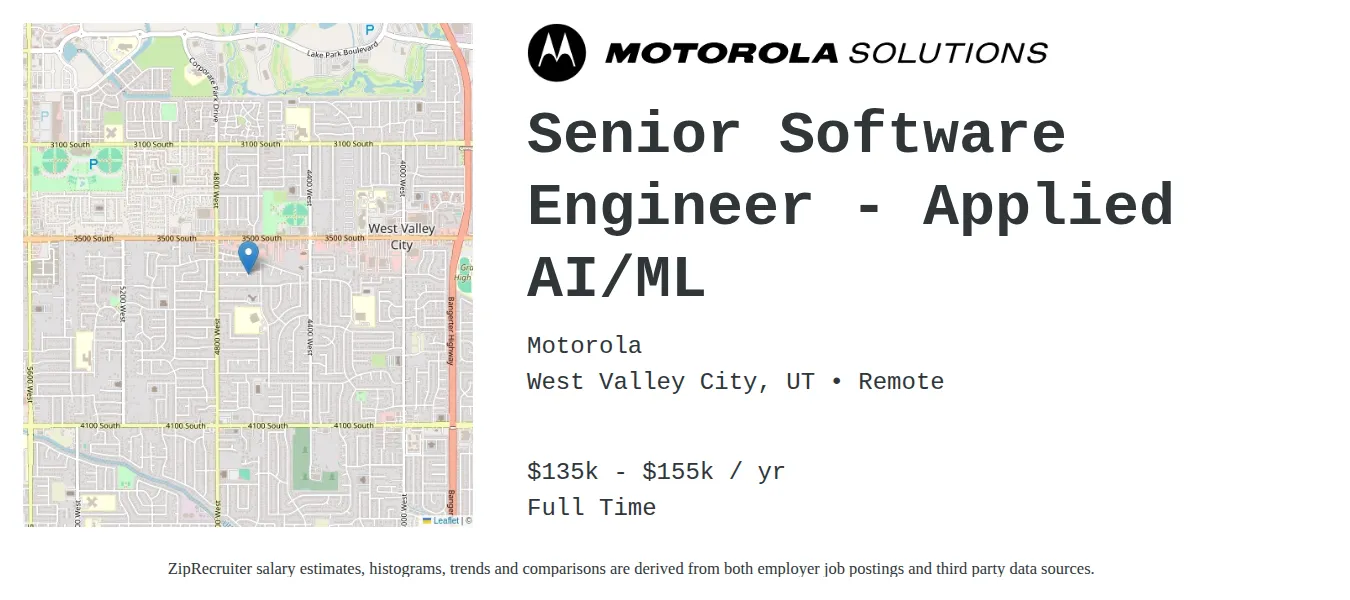 Motorola job posting for a Senior Software Engineer - Applied AI/ML in Allen, TX with a salary of $135,000 to $155,000 Annually and benefits including Medical, Dental, and Retirement with a map of Allen location.