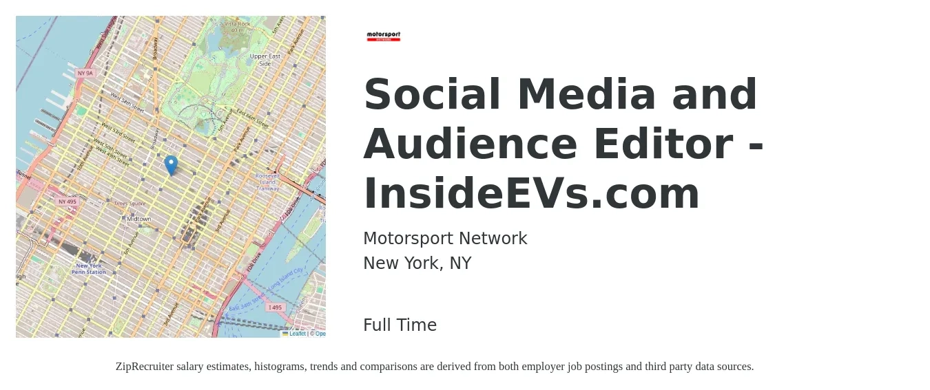 Motorsport Network job posting for a Social Media and Audience Editor - InsideEVs.com in New York, NY with a salary of $65,000 to $80,000 Yearly with a map of New York location.