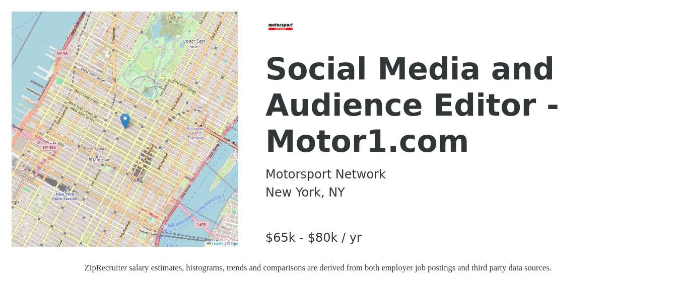 Motorsport Network job posting for a Social Media and Audience Editor - Motor1.com in New York, NY with a salary of $65,000 to $80,000 Yearly with a map of New York location.