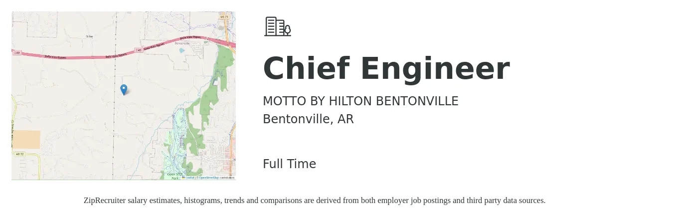 MOTTO BY HILTON BENTONVILLE job posting for a Chief Engineer in Bentonville, AR with a salary of $51,700 to $105,200 Yearly with a map of Bentonville location.