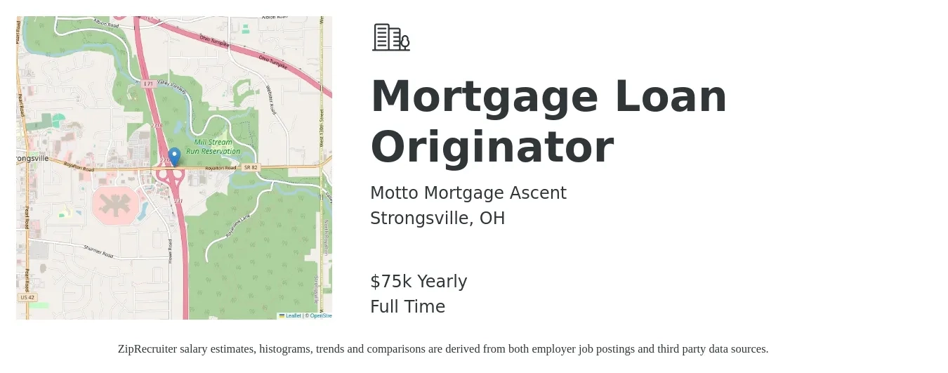 Motto Mortgage Ascent job posting for a Mortgage Loan Originator in Strongsville, OH with a salary of $75,000 Yearly with a map of Strongsville location.