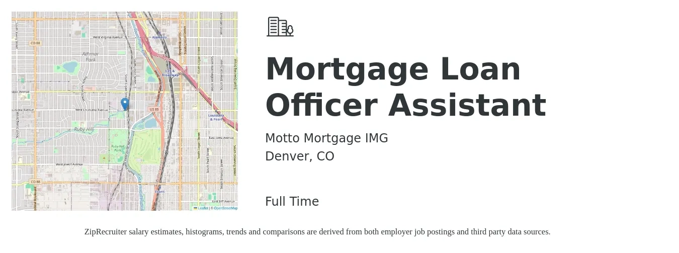 Motto Mortgage IMG job posting for a Mortgage Loan Officer Assistant in Denver, CO with a salary of $41,200 to $58,700 Yearly with a map of Denver location.