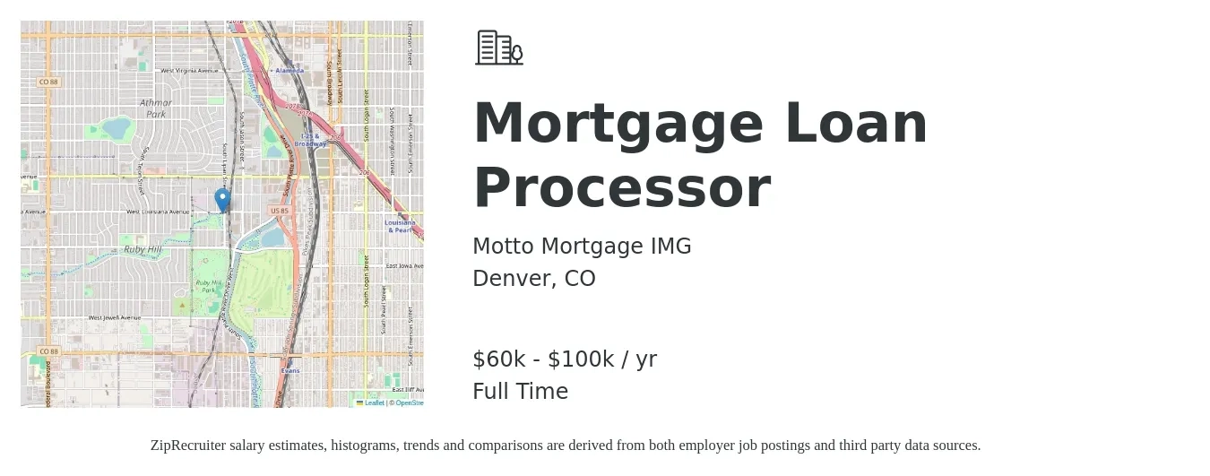 Motto Mortgage IMG job posting for a Mortgage Loan Processor in Denver, CO with a salary of $60,000 to $100,000 Yearly with a map of Denver location.