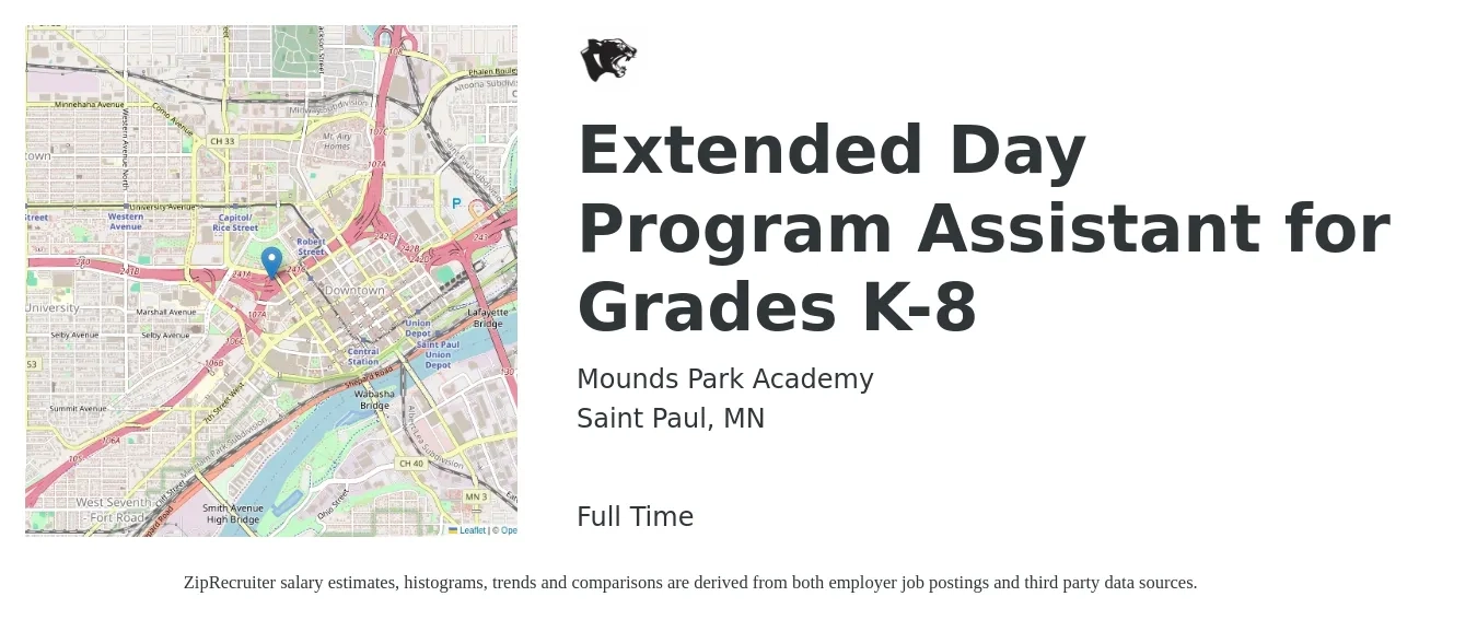 Mounds Park Academy job posting for a Extended Day Program Assistant for Grades K-8 in Saint Paul, MN with a salary of $14 to $18 Hourly with a map of Saint Paul location.