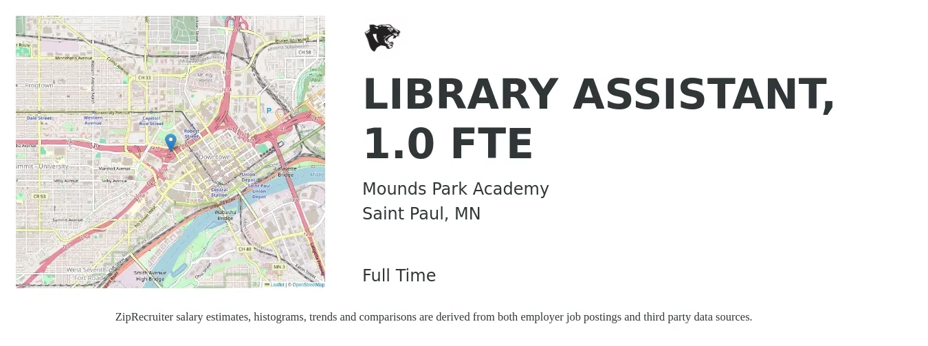 Mounds Park Academy job posting for a LIBRARY ASSISTANT, 1.0 FTE in Saint Paul, MN with a salary of $16 to $22 Hourly with a map of Saint Paul location.