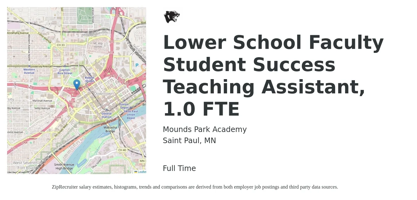 Mounds Park Academy job posting for a Lower School Faculty Student Success Teaching Assistant, 1.0 FTE in Saint Paul, MN with a salary of $14 to $18 Hourly with a map of Saint Paul location.