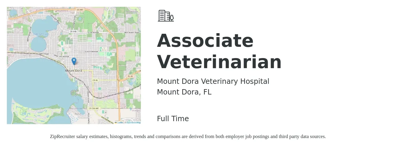 Mount Dora Veterinary Hospital job posting for a Associate Veterinarian in Mount Dora, FL with a salary of $91,200 to $147,200 Yearly with a map of Mount Dora location.