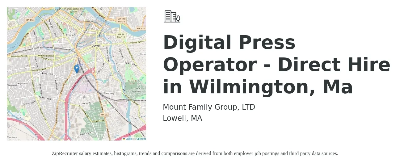 Mount Family Group, LTD job posting for a Digital Press Operator - Direct Hire in Wilmington, Ma in Lowell, MA with a salary of $25 to $28 Hourly with a map of Lowell location.