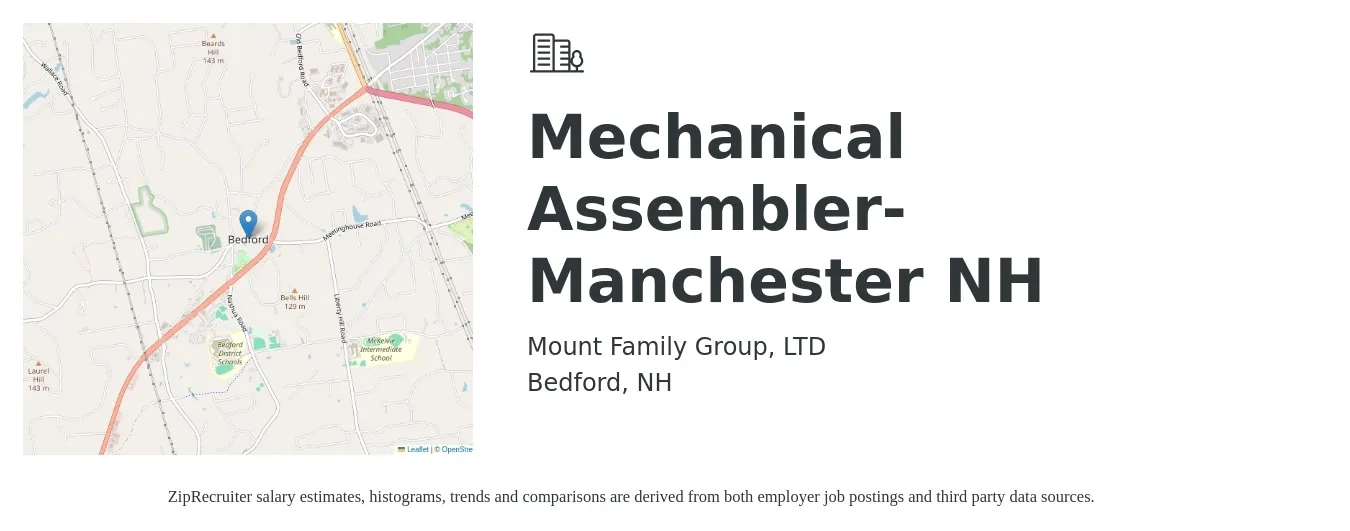 Mount Family Group, LTD job posting for a Mechanical Assembler-Manchester NH in Bedford, NH with a salary of $20 Hourly with a map of Bedford location.