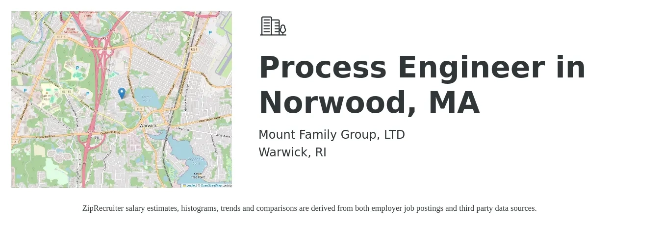 Mount Family Group, LTD job posting for a Process Engineer in Norwood, MA in Warwick, RI with a salary of $80 Hourly with a map of Warwick location.
