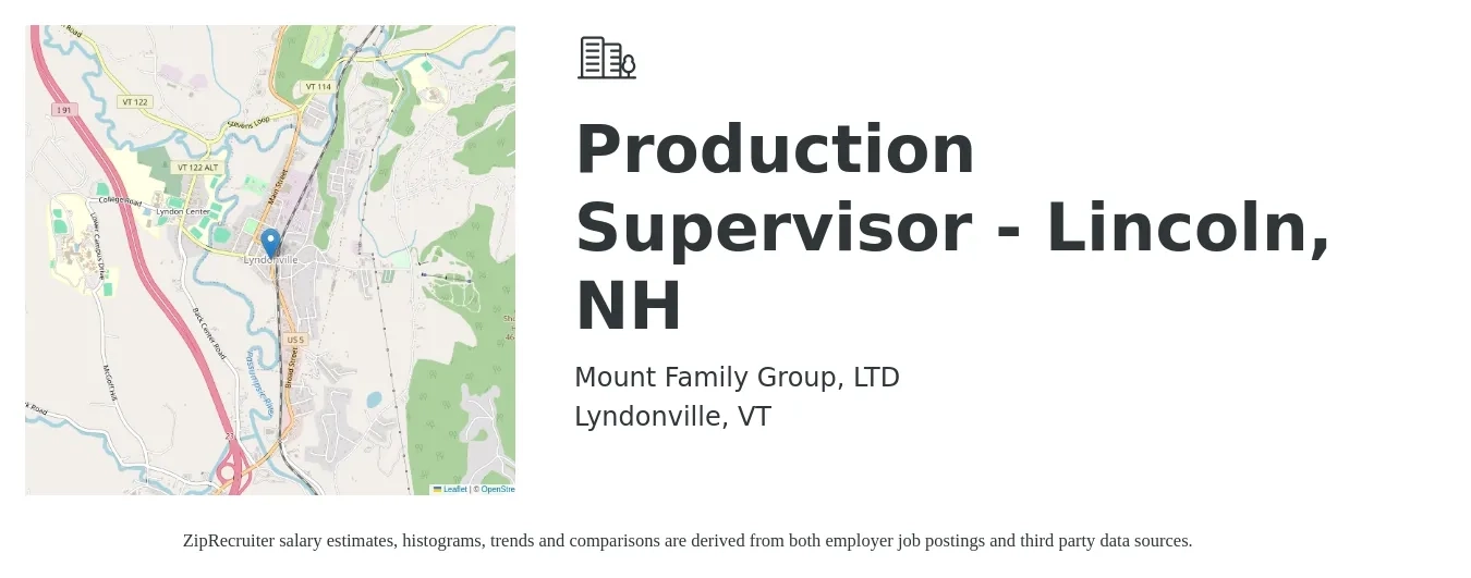 Mount Family Group, LTD job posting for a Production Supervisor - Lincoln, NH in Lyndonville, VT with a salary of $65,000 to $85,000 Yearly with a map of Lyndonville location.