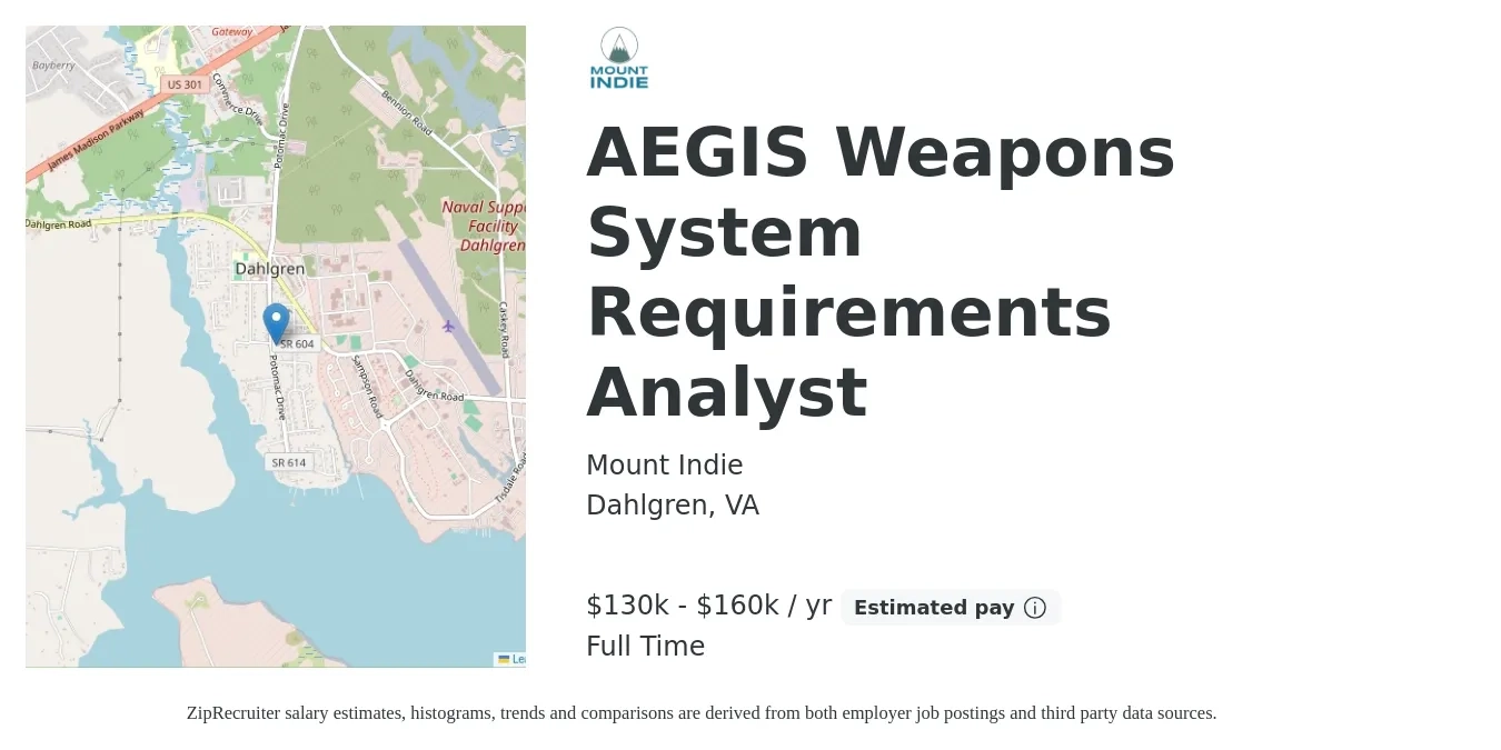 Mount Indie job posting for a AEGIS Weapons System Requirements Analyst in Dahlgren, VA with a salary of $130,000 to $160,000 Yearly with a map of Dahlgren location.