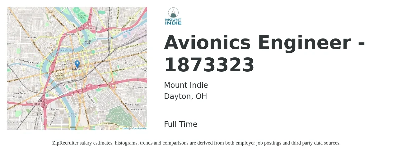 Mount Indie job posting for a Avionics Engineer - 1873323 in Dayton, OH with a salary of $135,000 to $145,000 Yearly with a map of Dayton location.