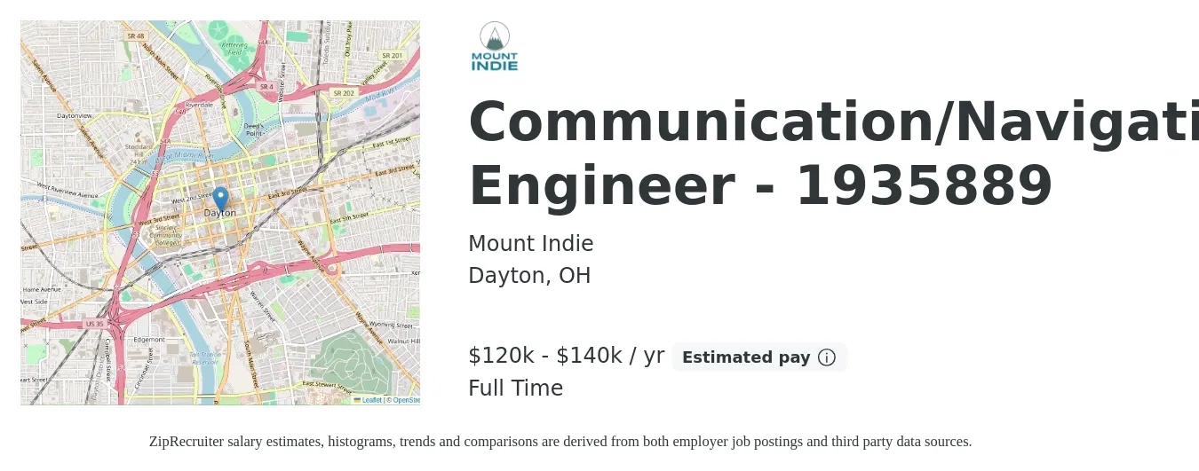 Mount Indie job posting for a Communication/Navigation Engineer - 1935889 in Dayton, OH with a salary of $120,000 to $140,000 Yearly with a map of Dayton location.