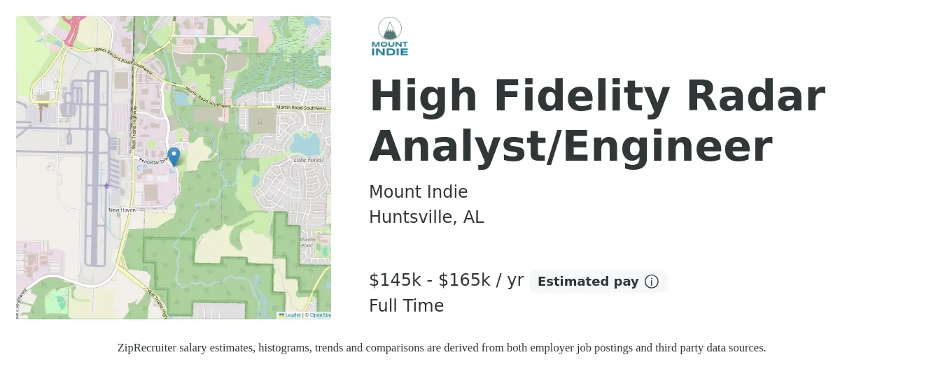 Mount Indie job posting for a High Fidelity Radar Analyst/Engineer in Huntsville, AL with a salary of $145,000 to $165,000 Yearly with a map of Huntsville location.