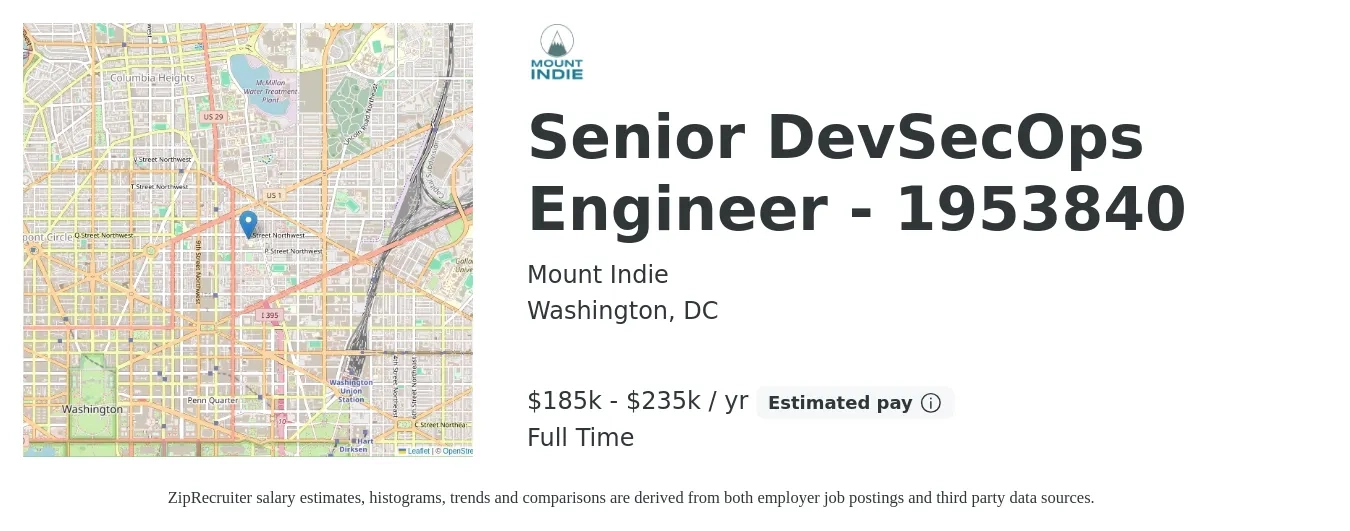 Mount Indie job posting for a Senior DevSecOps Engineer - 1953840 in Washington, DC with a salary of $185,000 to $235,000 Yearly with a map of Washington location.