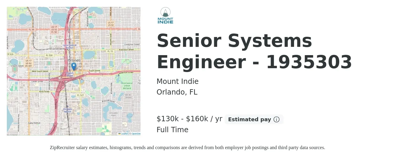 Mount Indie job posting for a Senior Systems Engineer - 1935303 in Orlando, FL with a salary of $130,000 to $160,000 Yearly with a map of Orlando location.
