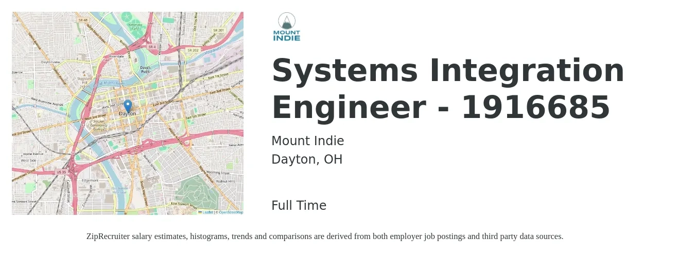 Mount Indie job posting for a Systems Integration Engineer - 1916685 in Dayton, OH with a salary of $120,000 to $130,000 Yearly with a map of Dayton location.