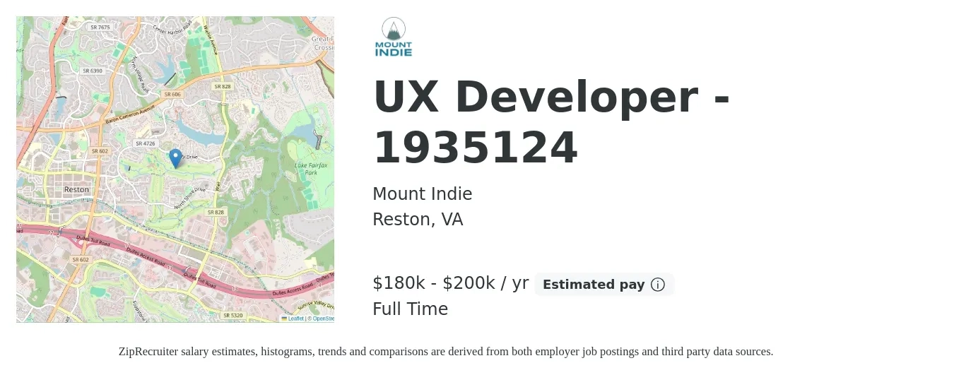 Mount Indie job posting for a UX Developer - 1935124 in Reston, VA with a salary of $180,000 to $200,000 Yearly with a map of Reston location.
