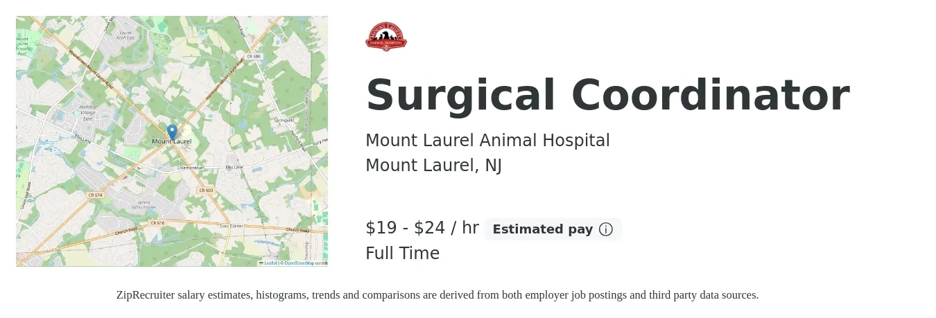 Mount Laurel Animal Hospital job posting for a Surgical Coordinator in Mount Laurel, NJ with a salary of $20 to $25 Hourly with a map of Mount Laurel location.
