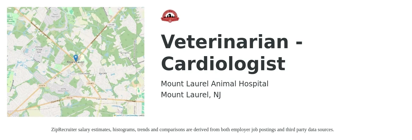 Mount Laurel Animal Hospital job posting for a Veterinarian - Cardiologist in Mount Laurel, NJ with a salary of $156,000 to $256,000 Yearly with a map of Mount Laurel location.