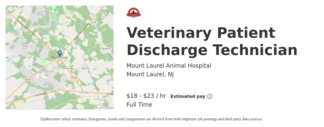 Mount Laurel Animal Hospital job posting for a Veterinary Patient Discharge Technician in Mount Laurel, NJ with a salary of $19 to $22 Hourly with a map of Mount Laurel location.