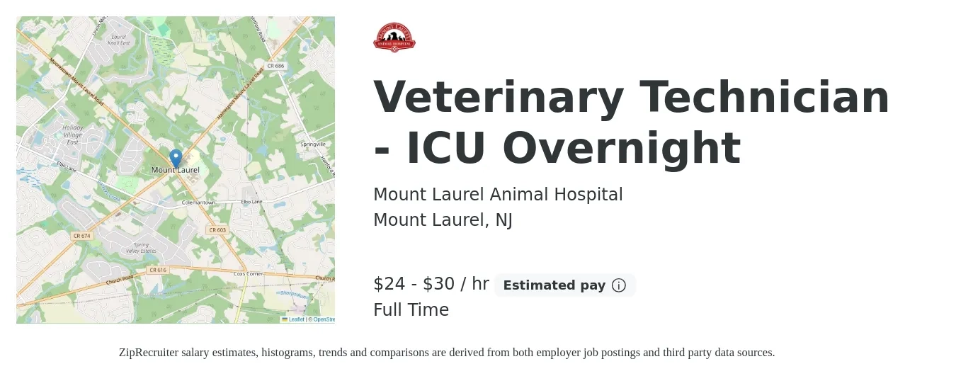 Mount Laurel Animal Hospital job posting for a Veterinary Technician - ICU Overnight in Mount Laurel, NJ with a salary of $25 to $32 Hourly with a map of Mount Laurel location.