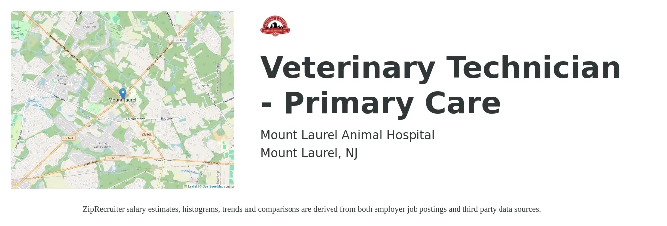 Mount Laurel Animal Hospital job posting for a Veterinary Technician - Primary Care in Mount Laurel, NJ with a salary of $18 to $34 Hourly with a map of Mount Laurel location.