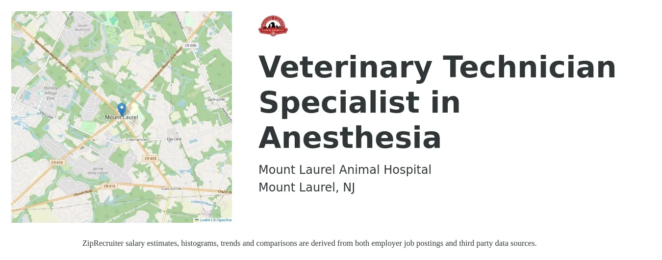 Mount Laurel Animal Hospital job posting for a Veterinary Technician Specialist in Anesthesia in Mount Laurel, NJ with a salary of $18 to $26 Hourly with a map of Mount Laurel location.