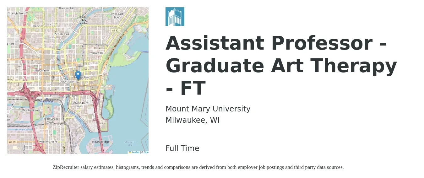 Mount Mary University job posting for a Assistant Professor - Graduate Art Therapy - FT in Milwaukee, WI with a salary of $53,200 to $66,400 Yearly with a map of Milwaukee location.