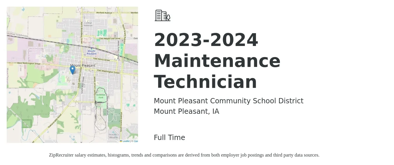 Mount Pleasant Community School District job posting for a 2023-2024 Maintenance Technician in Mount Pleasant, IA with a salary of $17 to $24 Hourly with a map of Mount Pleasant location.