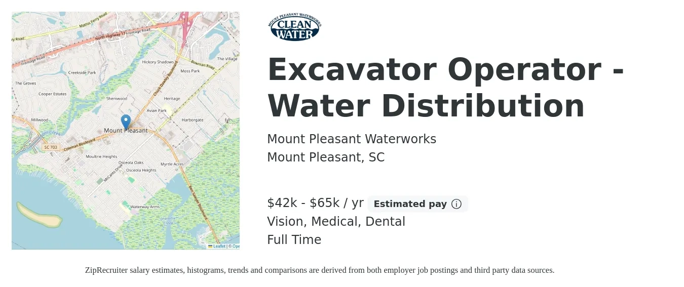 Mount Pleasant Waterworks job posting for a Excavator Operator - Water Distribution in Mount Pleasant, SC with a salary of $42,445 to $65,789 Yearly and benefits including medical, retirement, vision, dental, and life_insurance with a map of Mount Pleasant location.