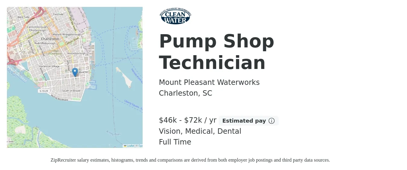 Mount Pleasant Waterworks job posting for a Pump Shop Technician in Charleston, SC with a salary of $46,689 to $72,358 Yearly and benefits including vision, dental, life_insurance, medical, and retirement with a map of Charleston location.