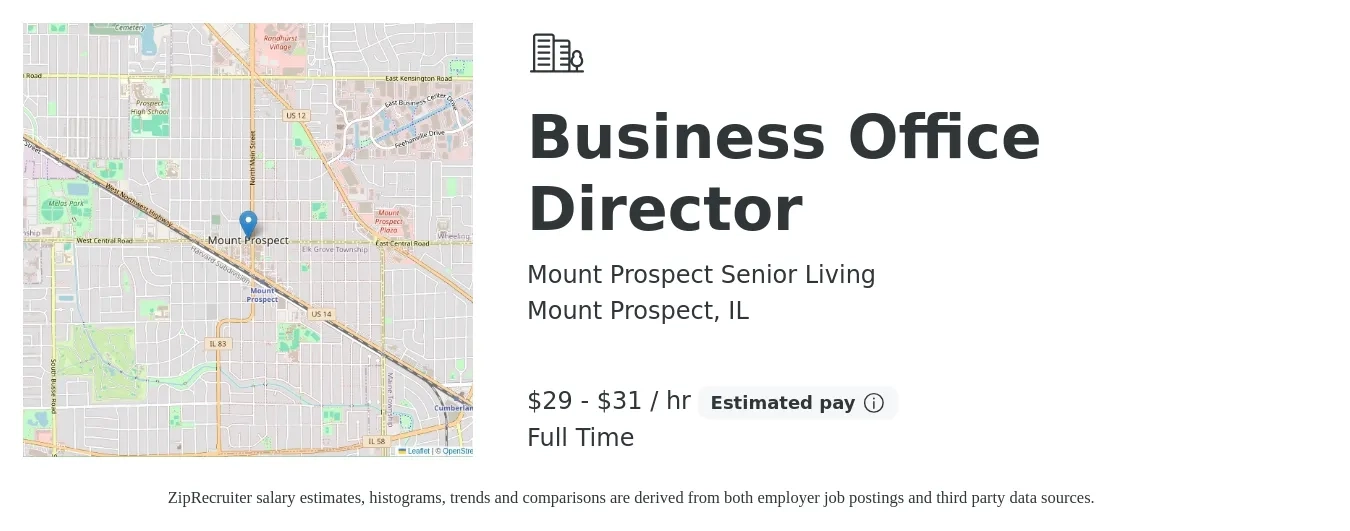 Mount Prospect Senior Living job posting for a Business Office Director in Mount Prospect, IL with a salary of $31 to $33 Hourly with a map of Mount Prospect location.