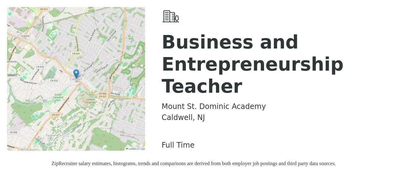 Mount St. Dominic Academy job posting for a Business and Entrepreneurship Teacher in Caldwell, NJ with a salary of $47,200 to $65,100 Yearly with a map of Caldwell location.
