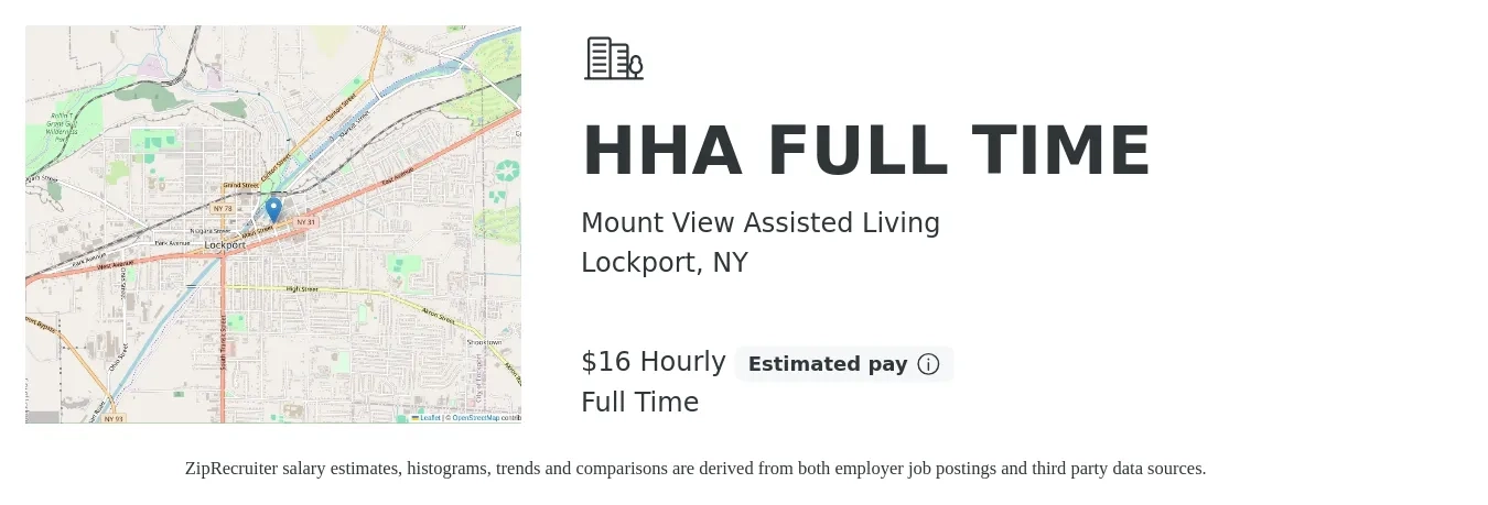 Mount View Assisted Living job posting for a HHA FULL TIME in Lockport, NY with a salary of $18 Hourly with a map of Lockport location.